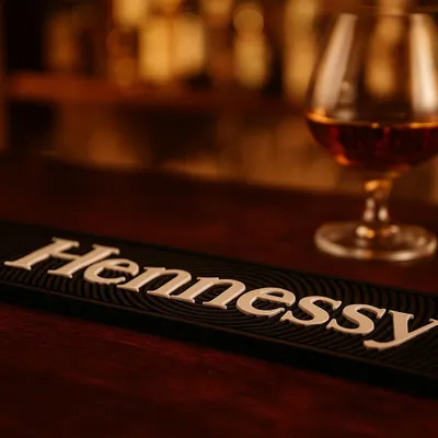Produktbild von Hennessy Barmatte – ca. 60 x 9 cm – Schwarze rutschfeste Silikon-Barunterlage mit Hennessy Logo – Profi Bar Mat für Home-Bar & Theke