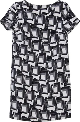 Produktbild von Geometrica Kleid mit geometrischem Muster, kurzen Ärmeln und lockerem Schnitt, Schwarz-Weiß