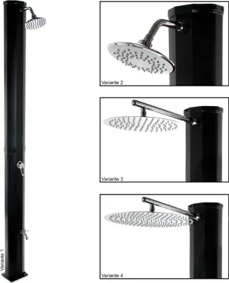 A black solar garden shower with multiple shower head variants shown.