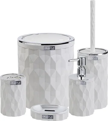 Image de Okyanus Ensemble d'accessoires de salle de bain Distributeur de savon Porte-savon Gobelet Brosse WC Poubelle argentée blanche Décoration de salle de bain