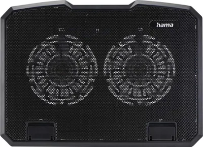 A black laptop cooling pad with two fans is shown from a top-down perspective.