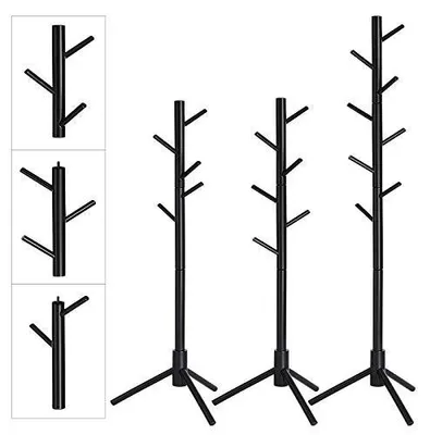 Produktbild von Freistehender Garderobenständer aus Holz mit Haken – Gummibaumholz – Schwarz – 47 x 47 x 175 cm