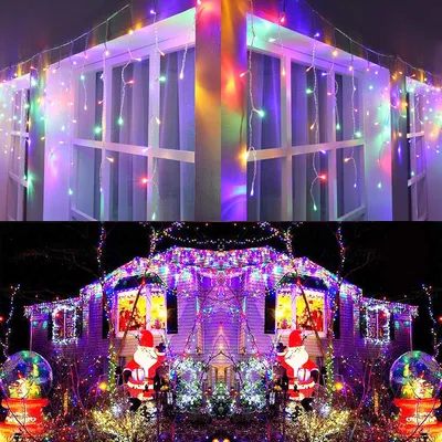 A collage of Christmas lights decorating a house and windows.