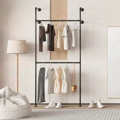 Productafbeelding van Kledingrek Wandmontage - Garderoberek Open - Kleding Opbergen - Industriële Pijpstijl - 105 x 220 cm - Zwart