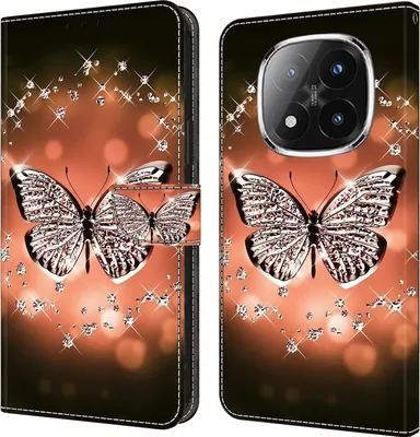 Produktbild von CLM-Tech Handyhülle kompatibel mit Xiaomi Redmi Note 14 Pro Plus 5G Hülle - Tasche aus Kunstleder - Klapphülle mit Ständer und Kartenfächern - Schutzhülle Wallet Case Cover Schmetterling Diamanten Muster