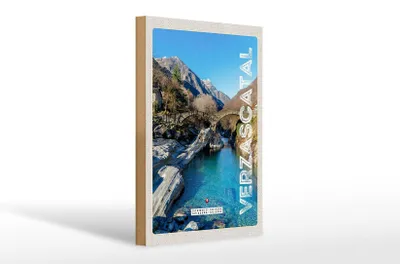 Produktbild von Holzschild Reise 20x30cm Verzascatal Brücke Gebirge Fluss