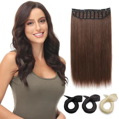 Image de Extension de cheveux à clipser, une tresse, 40 cm, droite, châtain, fibre synthétique, avec 5 clips