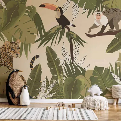 Produktbild von Selbstklebende Folie Fototapete - Leaves and Shapes - Jungle in Faded Colours With Animals 98x70 cm Für Kinder e-C-10080-a-a