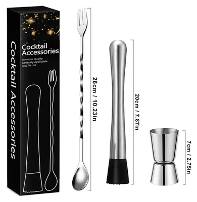 Productafbeelding van INF Roestvrijstalen cocktail bartenderset met maatbeker 15/30ml, barlepel met vork en stamper - Zilver, 3-delige kleurendoos