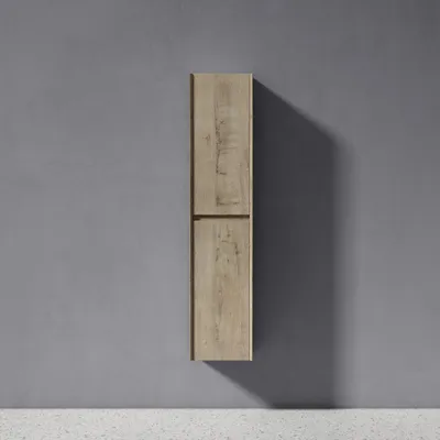A tall, narrow cabinet with a wood grain finish is mounted on a gray wall.