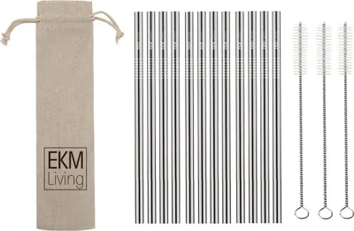 Produktbild von EKM Living Edelstahl Strohhalme 12er Set Silber gerade GmbH, Trinkhalme, bruchfest, wiederverwendbar, spülmaschinengeeignet, plastikfrei (Silber gerade, 12)