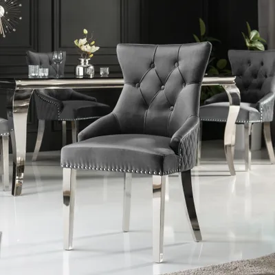 Produktbild von riess-ambiente Eleganter Stuhl CASTLE DELUXE grau Samt Löwenkopf Chesterfield Design Esszimmerstuhl Nieten Esszimmerstuhl Essstuhl