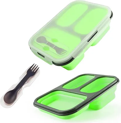 Immagine prodotto di Bento lunch box a prova di perdite, lunch box in silicone, lunch box pieghevole, contenitore per alimenti con tre scomparti, cucchiaio e forchetta per adulti e bambini, verde