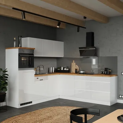 Produktbild von Winkelküche 240/240 cm, inkl. E-Geräte, in Hochglanz weiß, Arbeitsplatte Eiche MARSEILLE-03