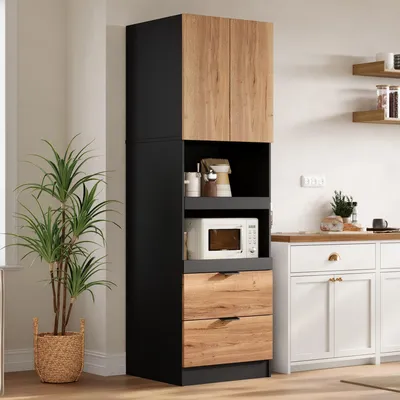 Image de Armoires de cuisine Flieks avec portes, meubles hauts avec tiroirs et étagères pour micro-ondes, meubles de rangement avec système anti-basculement, 200 cm, noir et aspect bois naturel, en MDF