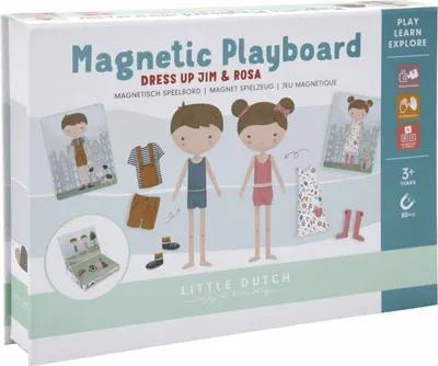 The image shows the packaging of a magnetic playboard dress-up game for children.