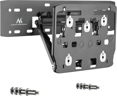 A black wall mount bracket for a QLED TV, shown with some included hardware.