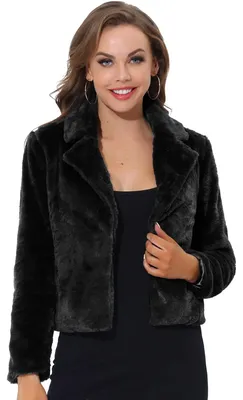 Image de Allegra K - Veste courte en imitation fourrure pour femmes, cardigan à revers, modèle "shrug", collection hiver 2023, aspect duveteux