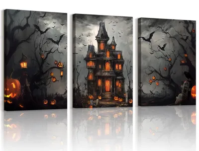 Image de Tableaux sur Toile Thème Halloween Citrouilles Château 40x60 cm Lot de 3 Pièces