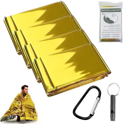 Immagine prodotto di Set di coperte termiche di emergenza - Coperte termiche in lamina di alluminio - Per la sopravvivenza all'aperto - Materiale riflettente per trattenere il calore - 6 pezzi, dimensioni 160x210 cm - Colori: oro e argento