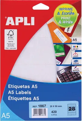 Immagine prodotto di Etichette Apli a5 bianco 20,0 x 50,0 mm 15 fogli