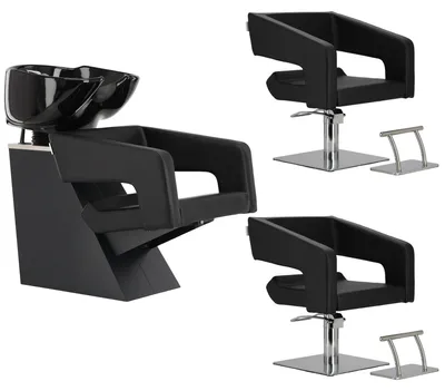 Produktbild von Set model Hana bestehend aus einem Friseurwaschbecken mit einem Keramik Waschbecken inkl. Armaturen und zwei hydraulischen Friseurstühlen mit Fußstützen bezogen mit Kunstleder