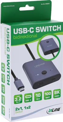Produktbild von InLine USB-C Switch, bidirektionaler Umschalter, 10Gb/s, 100W, USB Typ-C, 10 Gbit/s, Grau, Aluminium, 57 x 67 x 15 mm, 57 mm