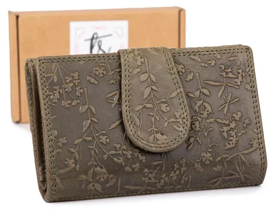 Produktbild von Ekavale Damen Geldbörse Portemonnaie Echtleder groß Blumen Vintage Grün