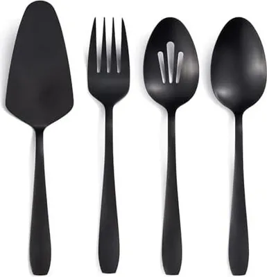 Produktbild von Großes 4-teiliges Servierset, Matt Schwarz, Überdimensioniertes Edelstahl Gastgeber Set mit Schlitzlöffel, Servierlöffel, Serviergabel und Tortenheber, für Buffets
