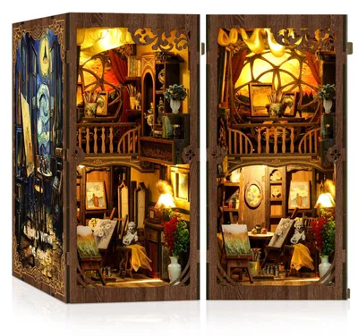 Book Nook Kit, 3D-Holzpuzzle mit LED-Licht, Miniaturhaus, 344 Teile