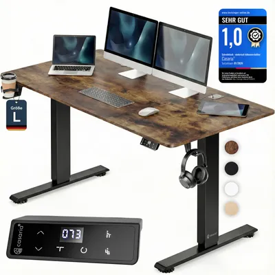 Produktbild von CASARIA® Höhenverstellbarer Schreibtisch elektrisch 140 x 70 cm mit Wireless Charger & USB-C/A Anschluss LCD-Display Memory-Funktion 80 kg belastbar ergonomisch Vintage-Braun