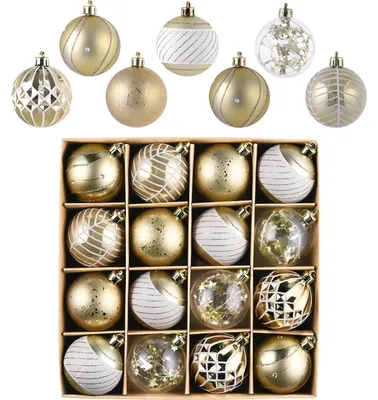 Immagine prodotto di Palle di Natale, 16 pezzi, 6 cm, in plastica resistente alla rottura, color oro bianco, decorazioni natalizie con gancio per appendere