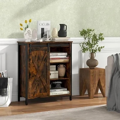 Produktbild von Vorratsschrank im Farmhaus-Stil, kleiner Buffetschrank mit Schiebetür, verstellbaren Regalen, Kippschutz & nivellierbaren Fußpolstern, Braun
