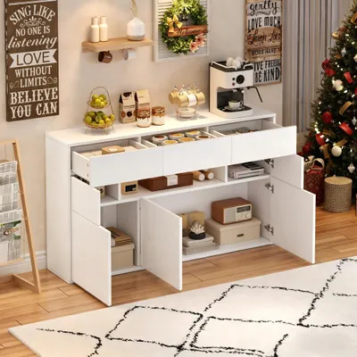 Produktbild von MODFU Hochglanz-Wohnzimmerschrank mit LED-Leuchten mit mobiler App-Steuerung,Kommode Sideboard mit 5 Metallbeinen,weiß