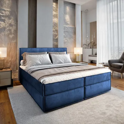 Produktbild von Masseno Boxspringbett PELLIO 180x200 cm Komplett-Set mit Bonell Matratze und Topper, Polsterbett mit Bettkästen -Blau, MONOLITH 77
