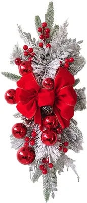 Produktbild von Weihnachtskranz, Weihnachtsgirlande mit Beeren-Ornament, Weihnachtstreppengirlande mit LED-Lichtern, Feiertagsdekoration, 45 cm, Rot
