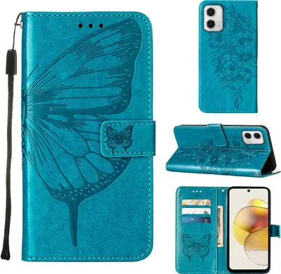 Produktbild von Lederhülle für Motorola Moto G73 Schmetterling Prägung Flip Ledertasche Kartenfächer Handyhülle mit Ständer Blau
