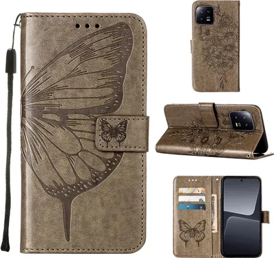 Produktbild von Lederhülle für Xiaomi 13 Schmetterling Prägung Flip Ledertasche Kartenfächer Handyhülle mit Ständer Grau