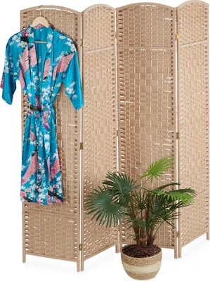 Image de Paravent Relaxdays, 4 panneaux, séparateur de pièce pliable, H x L 170 x 160 cm, brise-vue intérieur, bois, corde en papier, cloison, couleur naturelle