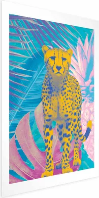 Obrázek produktu pro Posterpapier Plakát - Exotický leopard - barevný portrét geparda na pozadí tropických listů 21x30 cm Tiere g-C-10182-ao-a