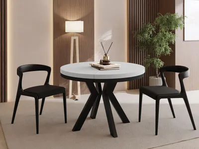 Produktbild von Runder Esstisch Ausziehbar 90-190 cm – Verlängerbar, für 5-9 Personen mit Schwarzen Holzbeinen & Metallring – Tisch für Wohnzimmer & Esszimmer in Weiß