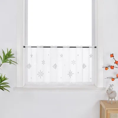 Produktbild von Joyswahl Weihnachtliche Scheibengardine mit silbernen Sternstickereien Festliche Weihnachts Bistrogardine Fensterdeko Küche Bad Wohnzimmer Tunnelzug Transparent Weiß HxB: 60x140cm, 1 Stück