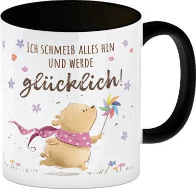 Produktbild von Glücklicher Bär Kaffeebecher in schwarz mit Spruch Ich schmeiß alles hin