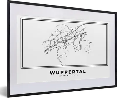 Produktbild von MuchoWow® Gerahmtes Poster Schwarz und weiß - Deutschland - Karte - Stadtplan - Wuppertal 60x40 cm - Poster mit Schwarzem Bilderrahmen Wandposter Rahmen Foto Bilder - Schlafzimmer - Plakat in Rahmen - Drucken