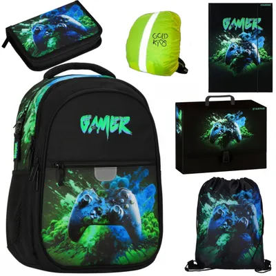 Produktbild von Schulranzen für Jungen und Mädchen, 6er-Set - Schul-Rucksack für Kinder mit Federmäppchen - Schuhbeutel und Regenschutz - Game Motiv