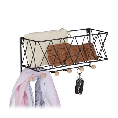 Produktbild von Relaxdays Wandregal mit Hakenleiste, Metall & Holz, Gitter-Design, Wandgarderobe 6 Haken, HBT: 17 x 36 x 13 cm, schwarz