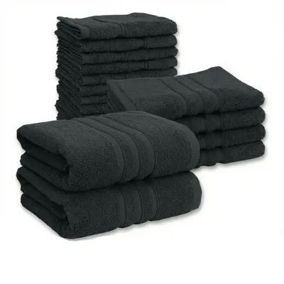 Produktbild von Vency Premium 18er-Set – 100 % Baumwolle – Saugfähige und strapazierfähige Handtücher, Größe 2X (70x140 cm), 4X (40x70 cm), 12X (30x30 cm) - Schwarz