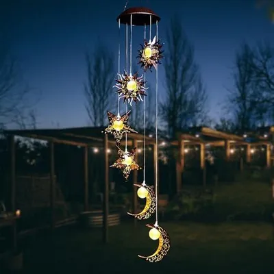 Produktbild von Solar Windspiele mit Sonne Mond Stern, Solar Windspiel für Draußen Solarleuchten Warme LED Wasserdicht Gartenlampe, Hängeleuchte Garten Deko für Außen Balkon Terrasse Party Baum Geschenke