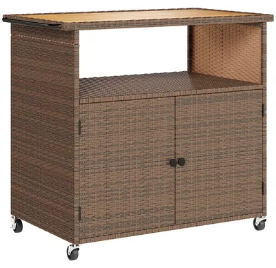 Produktbild von Servierwagen Rattan Küchenwagen mitEukalyptusholz-Arbeitsplatte Ablagefach Rollen Seitengriff 95 x 54 x 84 cm