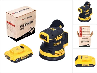 Image de DeWalt DCW 210 N Ponceuse excentrique sans fil 18 V 125 mm Brushless + 1x batterie 2,0 Ah + 1x Toolbrothers TURTLE set de disques de ponçage - sans chargeur